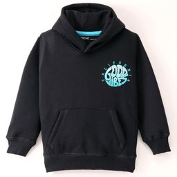 Doreme Fleece Knit Full Sleeves Hooded Sweatshirt Text Print & Kangaroo Pockets - Black-image-71