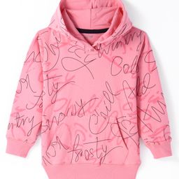 Doreme Cotton Knitted Full Sleeves Pullover Hooded Sweatshirt With Text Print & Kangaroo Pockets - Pink-image-103