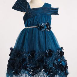 Enfance Sleeveless Shimmered Rose Applique Detailed Flared Dress - Peacock Blue-image-18