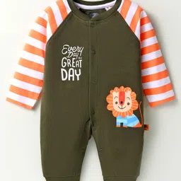 Mini Taurus Interlock Knit Full Sleeves Romper with Lion Print- Olive Green-picture-21