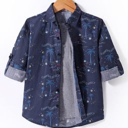 Rikidoos Full Sleeves Palm Trees Printed Shirt With Attached Tee - Grey & Navy Blue-picture-46