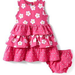 Babyhug Single Jersey Knit Sleeveless Layered Frock with Bloomer & Floral Print - Dark Pink-image-75