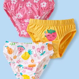 Babyhug 100% Cotton Knit Panties with Floral & Strawberry Print Pack of 3 - Pink Yellow & White-image-69