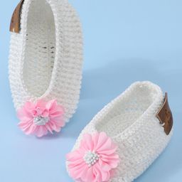 Funkrafts Handmade Crochet Embroidered Floral Applique Detailed Booties - Pink & White-image-44