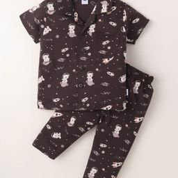 Teddy Sinker Knit Half Sleeves Night Suit with Space Theme Print - Charcoal Grey-image-52