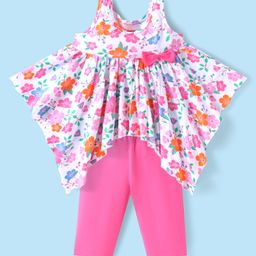 Babyhug Single Jersey Knit Sleeveless Top & Leggings Set with Floral Print & Bow Applique - Pink & White-image-50