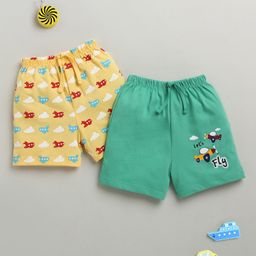 BUMZEE Cotton Pack Of 2 Aeroplane Printed Shorts - Green & Yellow-image-78