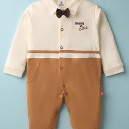 Mini Taurus Interlock Knit Full Sleeves Front Open Party Rompers with Text Embroidery & Bow Applique - Brown-image-93