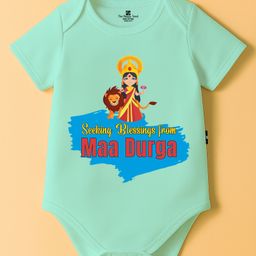 The Peppy Tend 100% Cotton Knit Durga Puja Theme Half Sleeves Seeking Blessings From Maa Durga Text Printed Onesie - Sea Green-picture-7