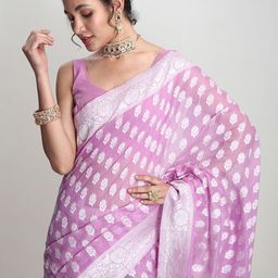 Janasya Women Lavender Silk Blend Floral Woven Design Banarasi Saree with Blouse Piece-picture-47