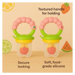 KIDS BASIC BPA Free Silicone Food Nibbler for Fruit and Veggie with Rattle Handle - Pink (Pack of 2) image 3