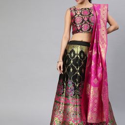 DIVASTRI Black & Fuchsia Woven Design Semi-Stitched Lehenga & Unstitched Blouse with Dupatta-picture-0