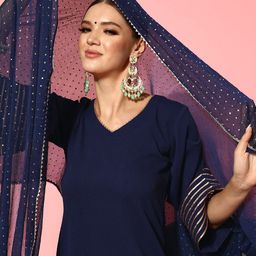 Varanga Women Navy Blue Regular Gotta Patti Silk Crepe Kurta with Trousers & With Dupatta-picture-52