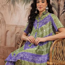Sangria Ikat Printed Tie-Up Neck Tasselled Detail Satin-Finish A-Line Kurta with Trousers-image-71