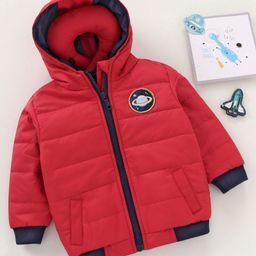 Babyoye Full Sleeves  Hooded Padded Solid Jacket With Neck Pillow  - Red-image-53