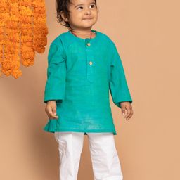 Vastramay Full Sleeves Front Button Closure Solid Kurta & Pajama Set - Turquoise Blue-image-17