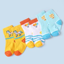 Cute Walk by Babyhug Non Terry Cotton Knit Ankle Length Anti Bacterial Socks Horse Design Pack of 3 - Yellow & Blue-image-70