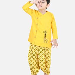 Bownbee 100% Cotton Full Sleeves Indo Western Giraffe Printed Kurta Dhoti Set - Yellow-image-61