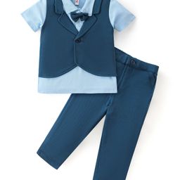 Babyhug Woven with Stretch Half Sleeves Three Pieces Party Suit with Bow -Navy Blue-image-18