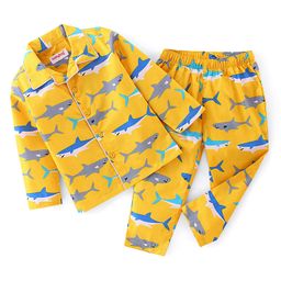 Babyhug Cotton Woven Full Sleeves Night Suit With Sharks Print - Yellow-image-1