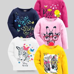 KUCHIPOO Pack Of 5 Full Sleeves Tigress & Zebra With Butterflies Printed Tees - Pink Blue & Yellow-image-21