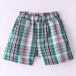 Ollypop Cotton Woven Knee Length Checkered Shorts - White & Green-image-44