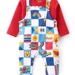 Babyhug Single Jersey Knit Block Printed  Dungaree with Full Sleeves T-Shirt Text Print - Multicolor-image-3