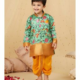 KID1 Silk Blend Full Sleeves Floral Printed Sherwani Dhoti Set - Green-image-29