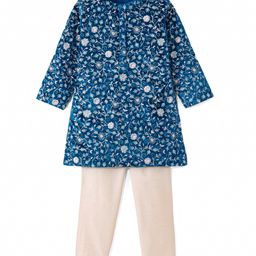 Babyhug Woven Full Sleeves Floral Embroidered Velvet Sherwani Kurta Pyjama Set - Teal-image-97