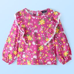 Pine Kids Cotton Knit Peasant Sleeves Lace & Frill Detailing Floral Printed Top - Dark Pink-image-65