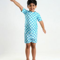 Somersault Half Sleeves Checked Two Piece Swimsuit - Blue-image-73
