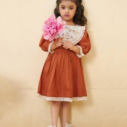Tiny Twills Linen Full Sleeves Floral & Butterfly Embroidered Fit & Flared Dress - Rust Orange-image-43
