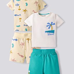 Bonfino 100% Cotton Knit Half Sleeves Shorts Night Suits With Tree Print Pack of 2 - White & Yellow-image-32