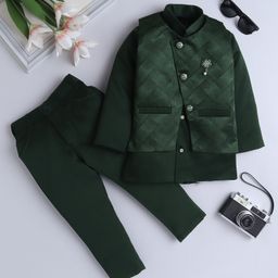 Fourfolds Full Sleeves Textured Waistcoat & Trousers With Blazer Set - Dark Green-image-78