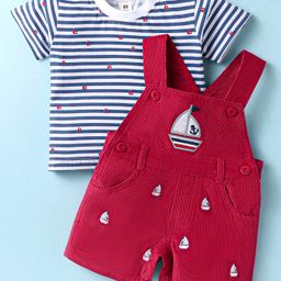 ToffyHouse Cotton Knit Dungaree & Half Sleeves Striped T-Shirt With Boat Embroidery & Print - Red-image-66