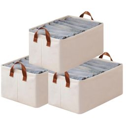 House of Quirk Durable Linen Closet Organizers and Foldable Storage Baskets, Rectangle Storage Boxes for Pants, Shirt, Bra Panty, Socks Beige - Pack of 3-image-66