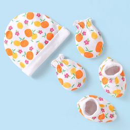 Babyhug 100% Cotton Cap Mittens And Booties Fruit Printed - White & Orange-image-72
