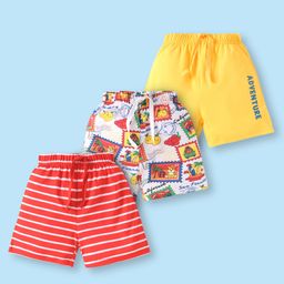Babyhug Cotton Single Jersey Knit Mid Thigh Striped Shorts with Text & Adventure Theme Print Pack of 3 - Yellow White & Red-image-88