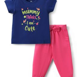 Doodle Poodle 100% Cotton Knit Half Sleeves Floral Printed T-Shirt & Lounge Pant Set with Bow Applique - Pink & Navy Blue-image-30