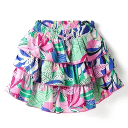 CrayonFlakes Rayon Woven Floral & Leaves Printed Layered Skirt - Off White Pink & Blue-picture-9