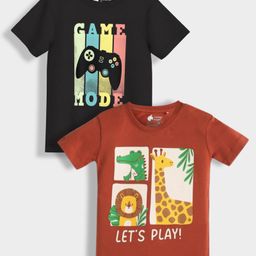 Orange Sugar 100% Cotton Knit Pack Of 2 Half Sleeves Game Mode & Animals Printed Tees - Dark Orange & Black-image-12