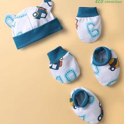 Babyoye 100% Cotton Cap Mitten & Booties Set With Vehicles & Numbers Print Teal Blue - Diameter 10 cm-image-82