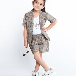 Ministitch Cotton Bow & Leaves Printed Top & Shorts With Half Sleeves Jacket Set - Coffee-image-27