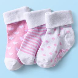 Cutewalk by Babyhug Ankle Length Anti-Bacterial Anti Skid Socks with Stripes & Heart Design Pack of 3 - Pink & White-image-55