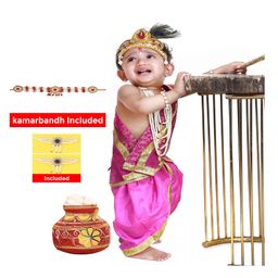 RAJ FANCY DRESSES Woven Sleeveless Gota Lace Embellished & Ethnic Foil Printed Lord Krishna Theme Costume Set - Pink-image-31