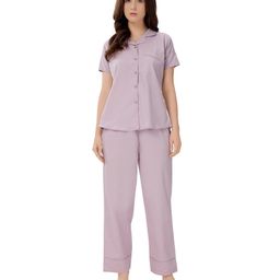 Piu Cotton Woven Half Sleeves Solid Coordinating Maternity Night Suit Set - Mauve-image-96