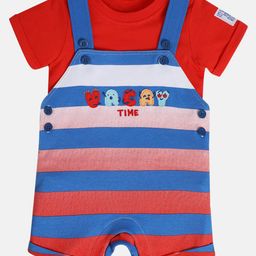 MINI KLUB Cotton Knit Vacay Time Text Embroidered & Striped Dungaree With Half Sleeves Tee - Red-image-32