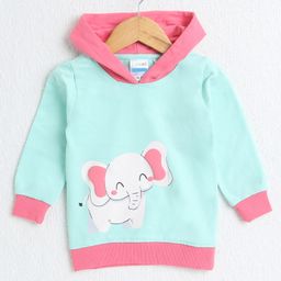 BUMZEE Looper Knit Full Sleeves Elephant Printed Hooded Sweatshirt - Mint Green & Pink-image-82
