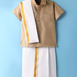 Dapper Dudes Cotton Silk Woven Half Sleeves Solid Shirt & Mundu With Angavastram Set - Fawn-picture-5