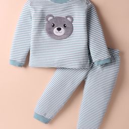 Mini Taurus Waffle Knit Full Sleeves Striped Night Suit With Teddy Bear Patch - Light Blue-image-87